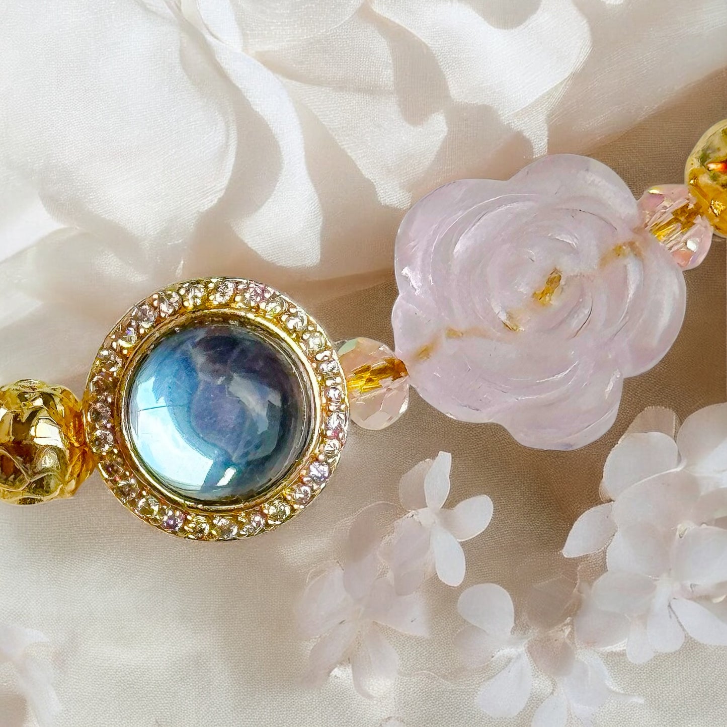 Alice's Tea Party in Clear Aquamarine, Pink Snow Phantom Quartz, Rose Quartz & Yellow Chalcedony