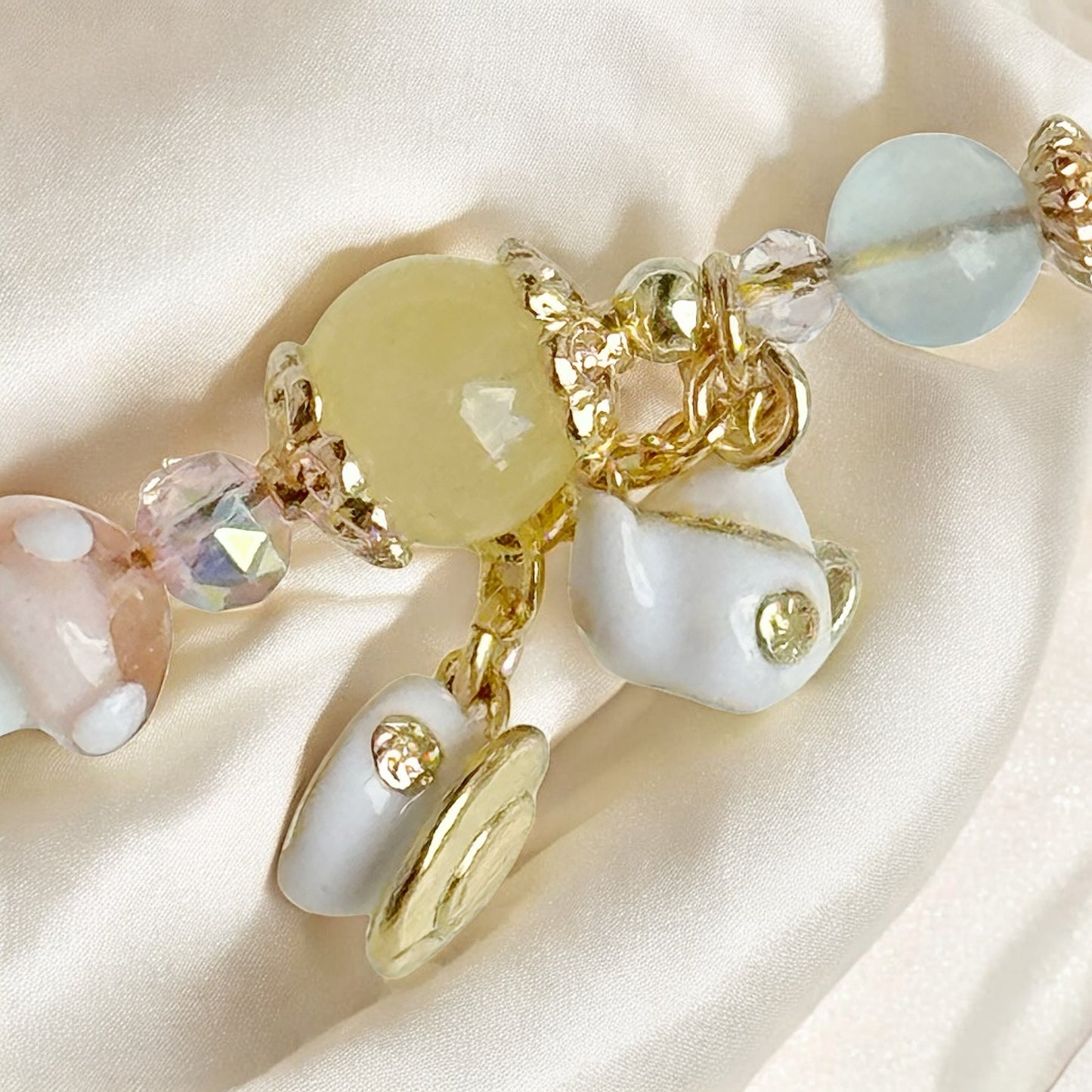 Alice's Tea Party in Clear Aquamarine, Pink Snow Phantom Quartz, Rose Quartz & Yellow Chalcedony