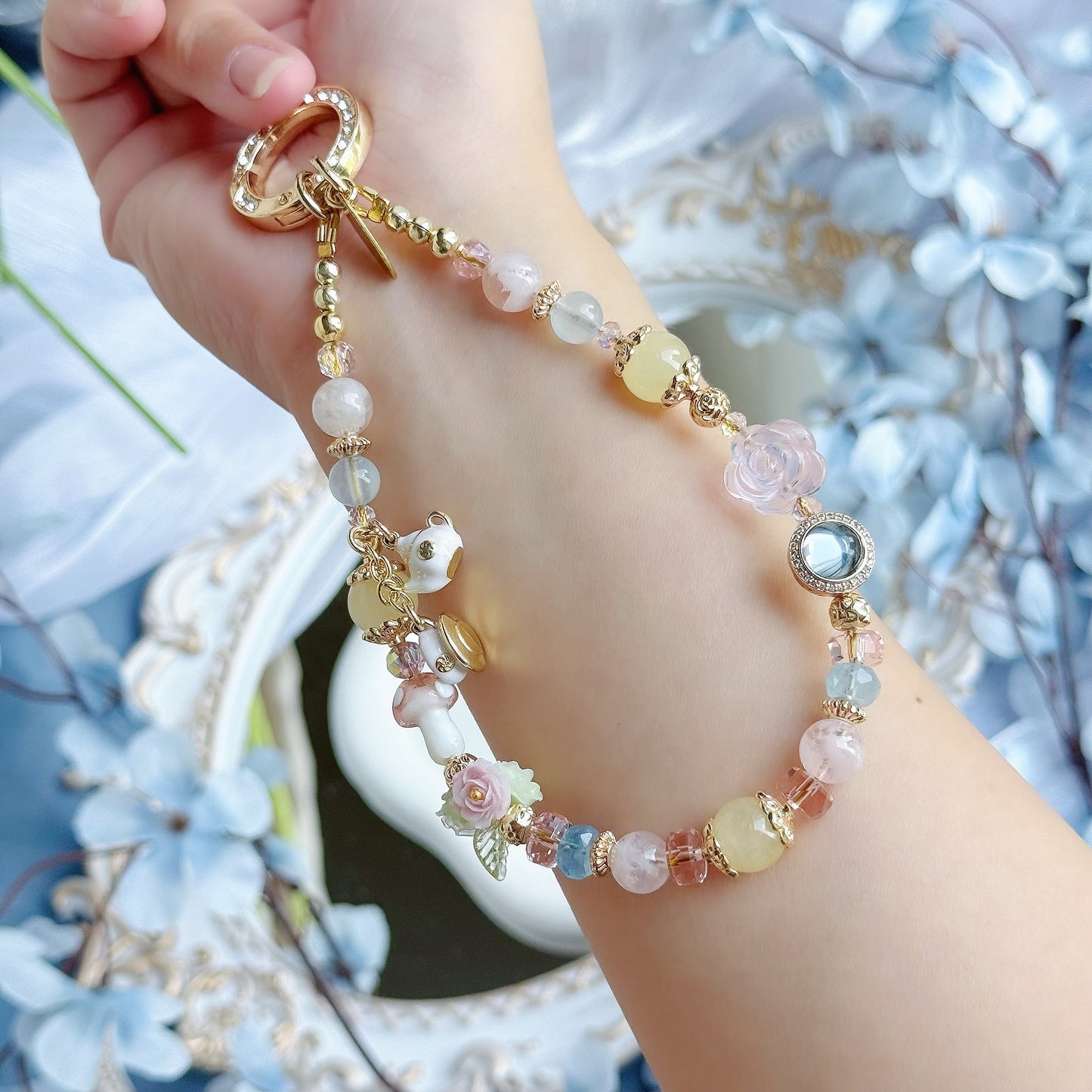Alice's Tea Party in Clear Aquamarine, Pink Snow Phantom Quartz, Rose Quartz & Yellow Chalcedony