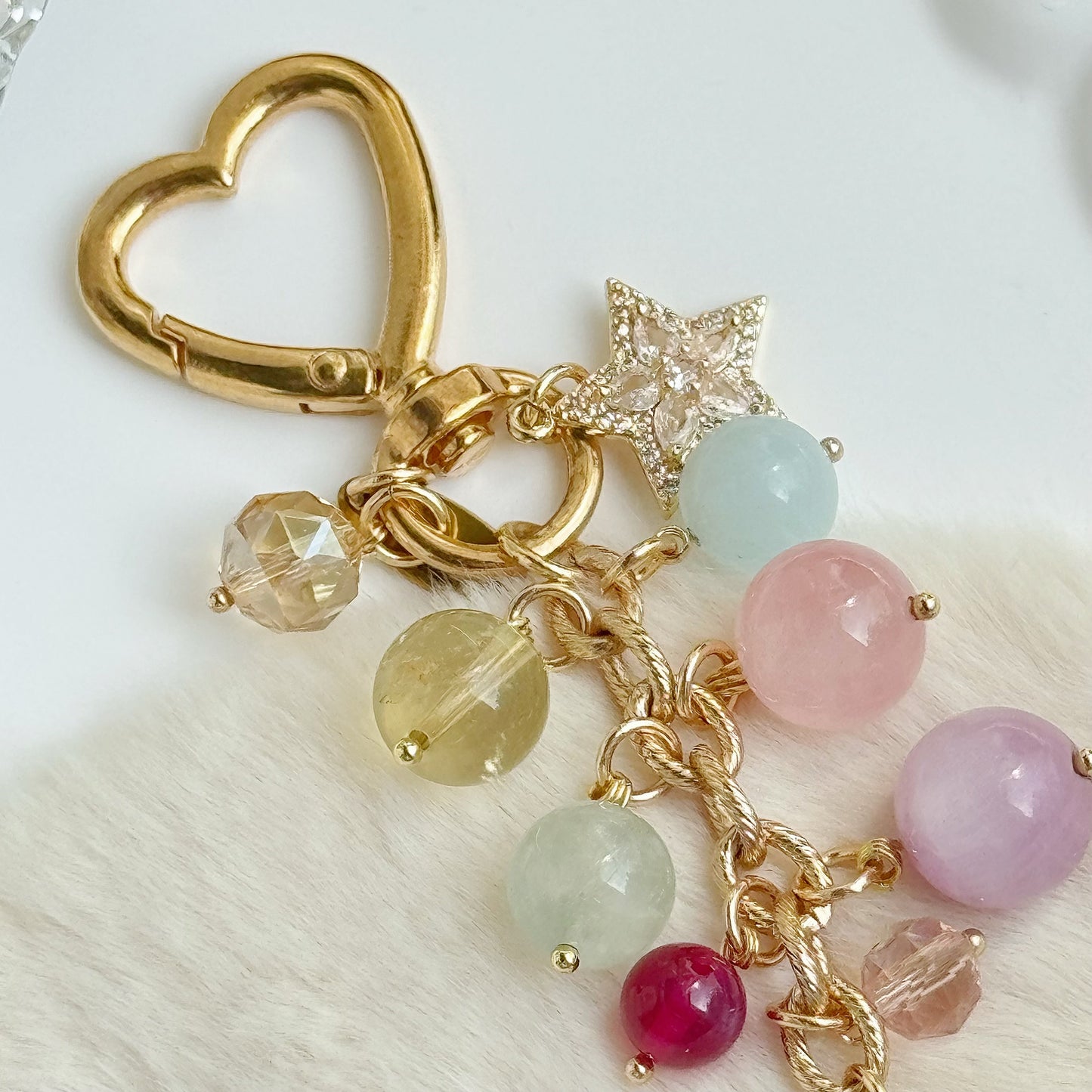 Pastel Heartfall Dangles in Lemon Citrine, Aquamarine, Brazil Citrine, Rose Quartz, Kunzite, Prehnite & Star Ruby