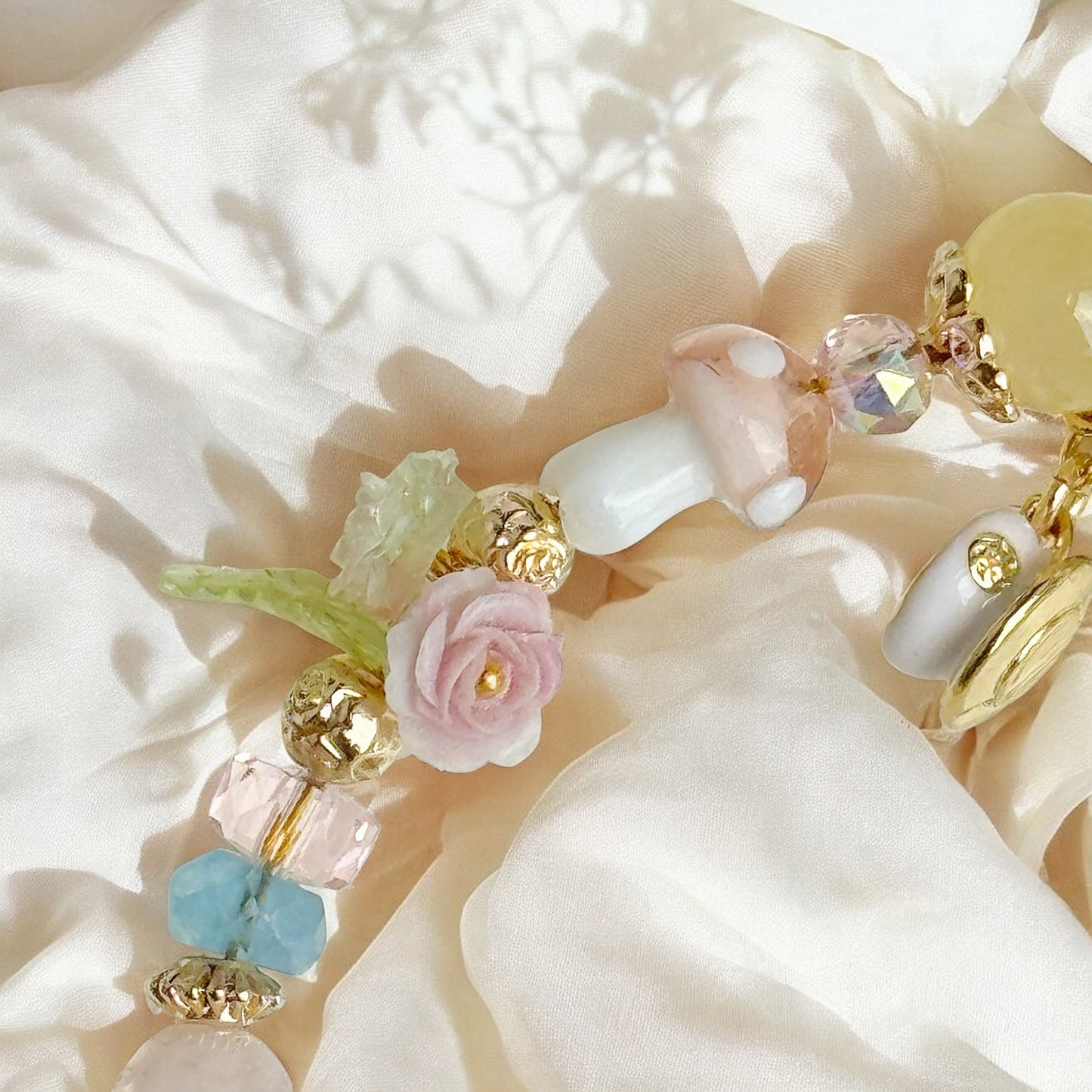 Alice's Tea Party in Clear Aquamarine, Pink Snow Phantom Quartz, Rose Quartz & Yellow Chalcedony