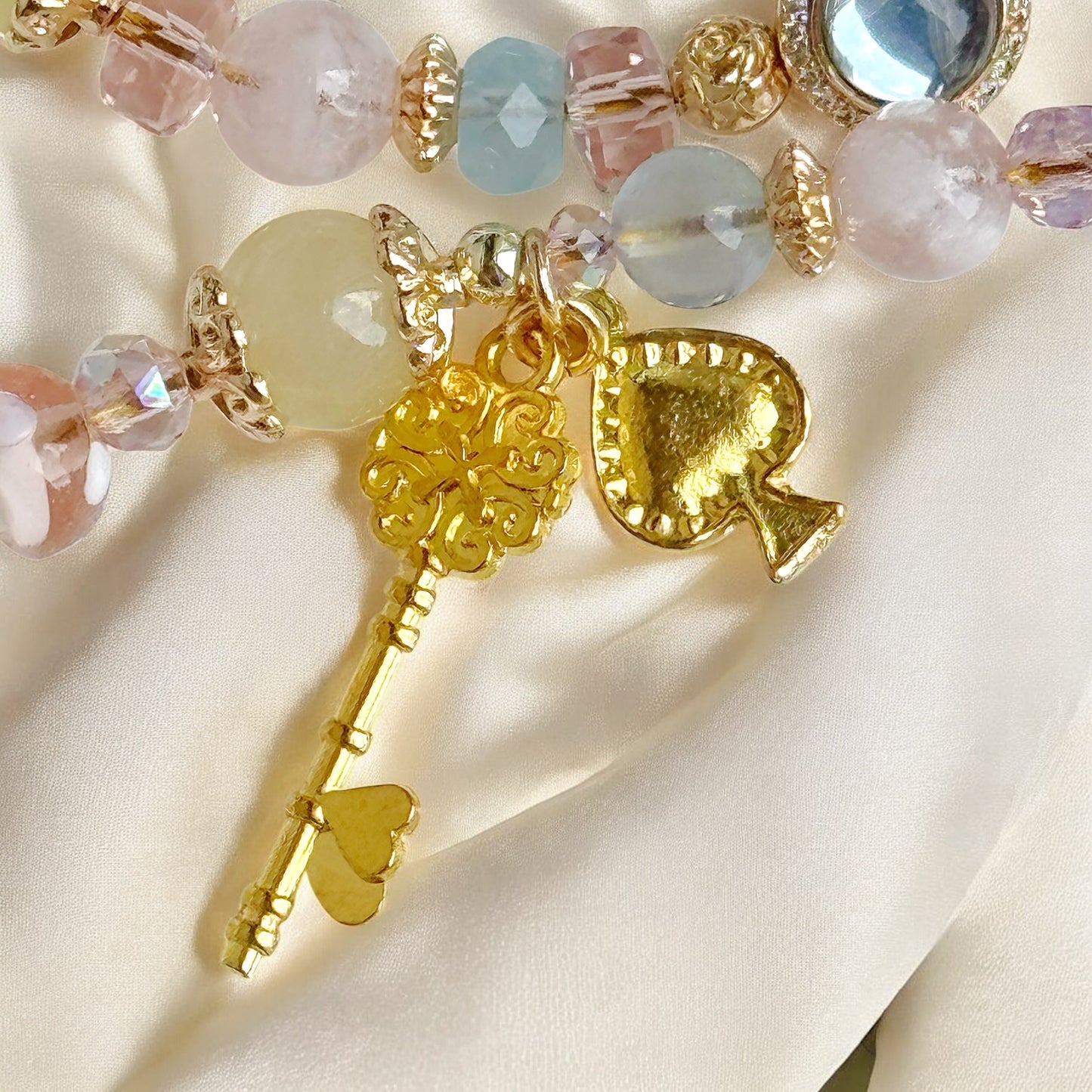 Alice's Tea Party in Clear Aquamarine, Pink Snow Phantom Quartz, Rose Quartz & Yellow Chalcedony
