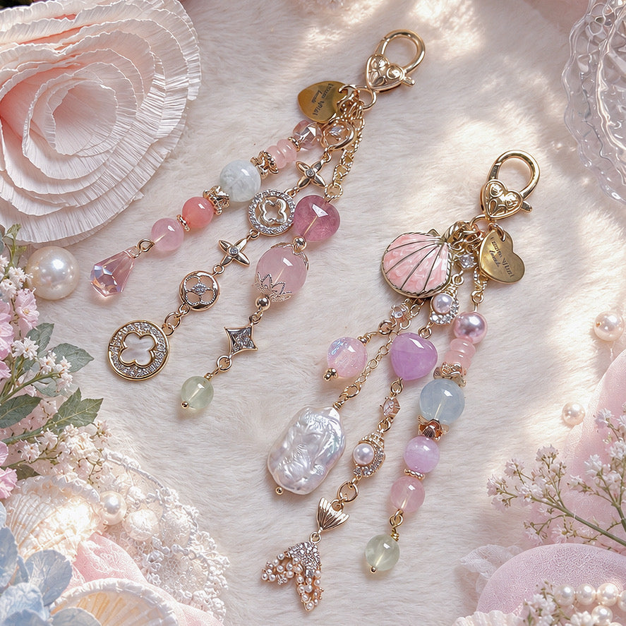 CLOVER BLOSSOM Dangle in Rose Quartz, Strawberry Quartz, Green Feather Fluorite, Prehnite & Yan Yuan Agate