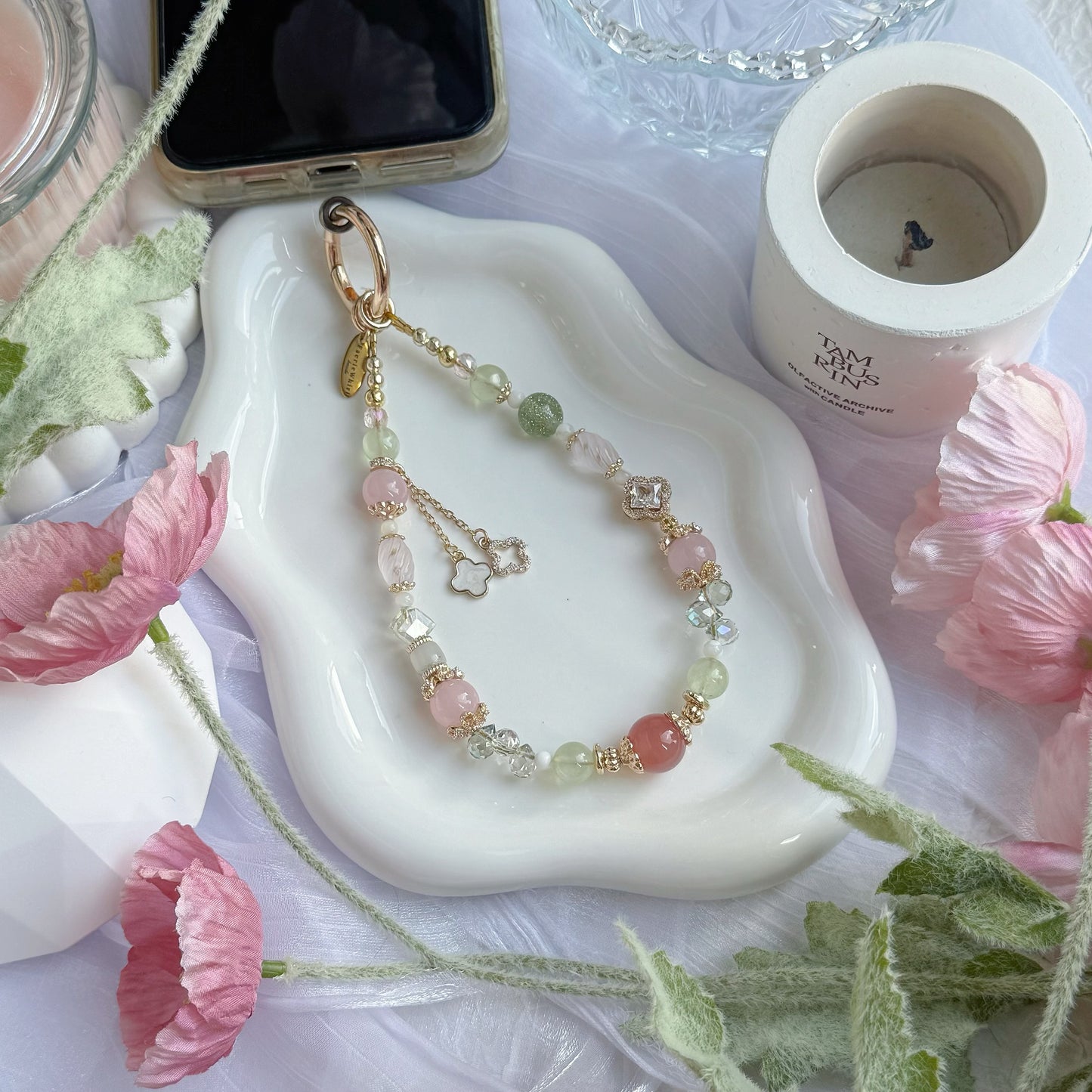 LIRAEL in Yan Yuan Agate, Rose Quartz, Prehnite, Green Aventurine, White Trochus