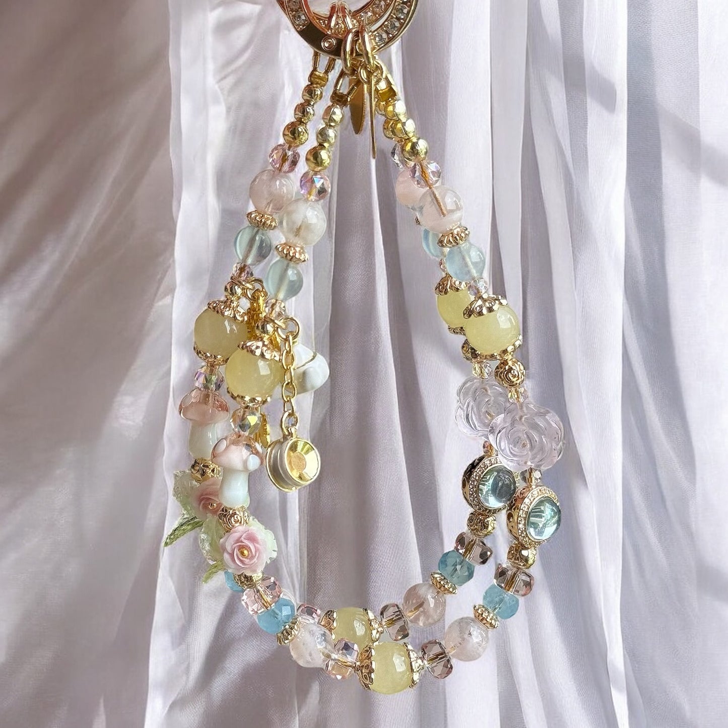 Alice's Tea Party in Clear Aquamarine, Pink Snow Phantom Quartz, Rose Quartz & Yellow Chalcedony