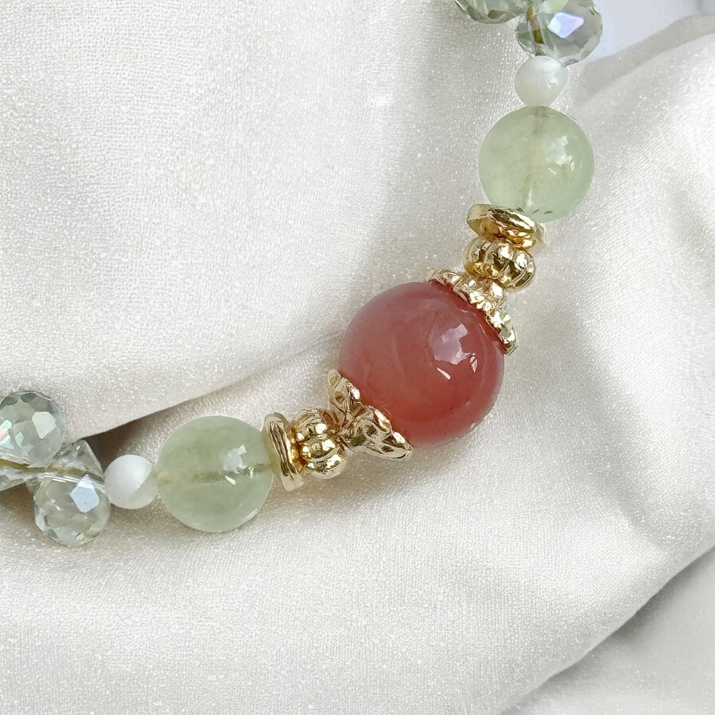 LIRAEL in Yan Yuan Agate, Rose Quartz, Prehnite, Green Aventurine, White Trochus