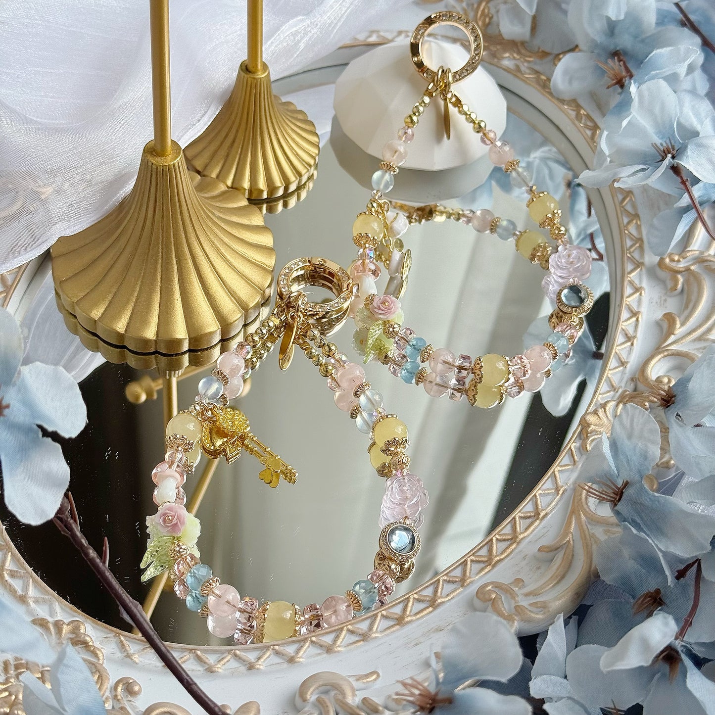 Alice's Tea Party in Clear Aquamarine, Pink Snow Phantom Quartz, Rose Quartz & Yellow Chalcedony