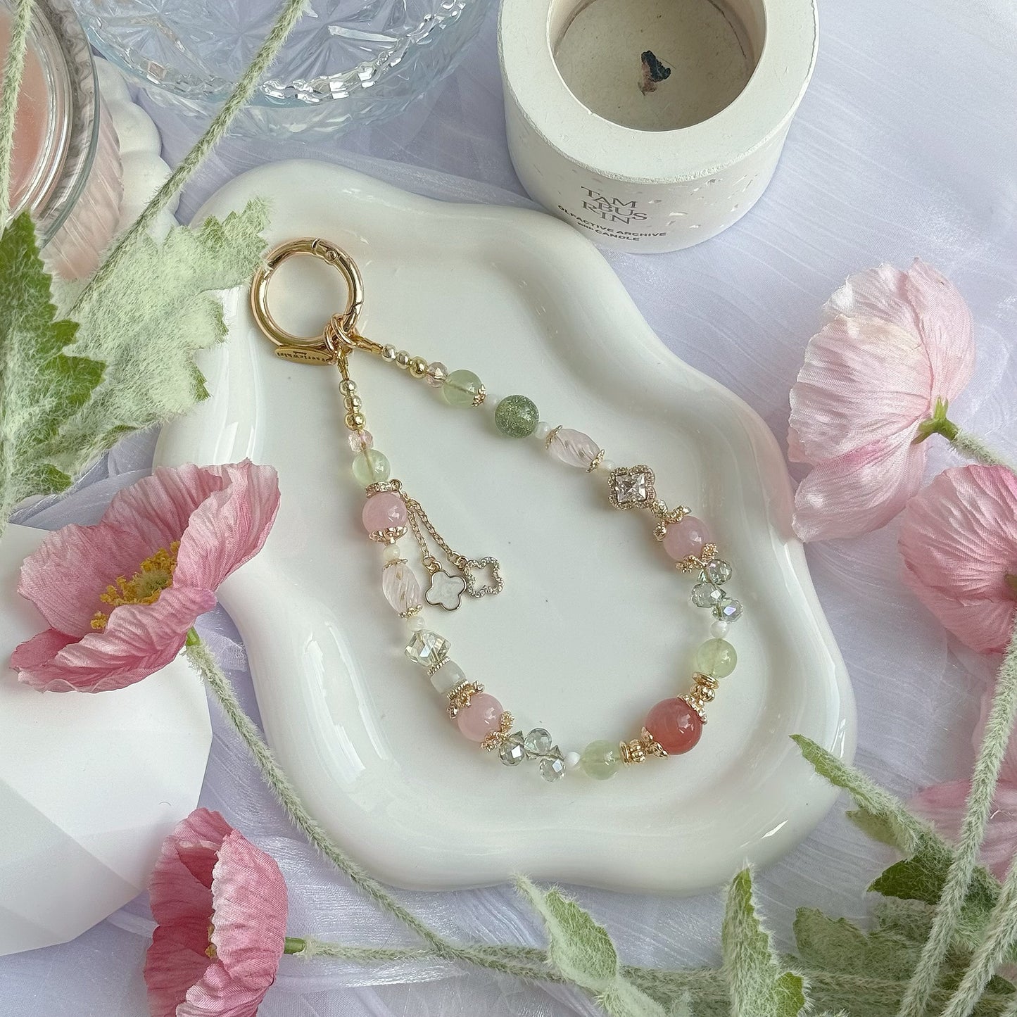 LIRAEL in Yan Yuan Agate, Rose Quartz, Prehnite, Green Aventurine, White Trochus