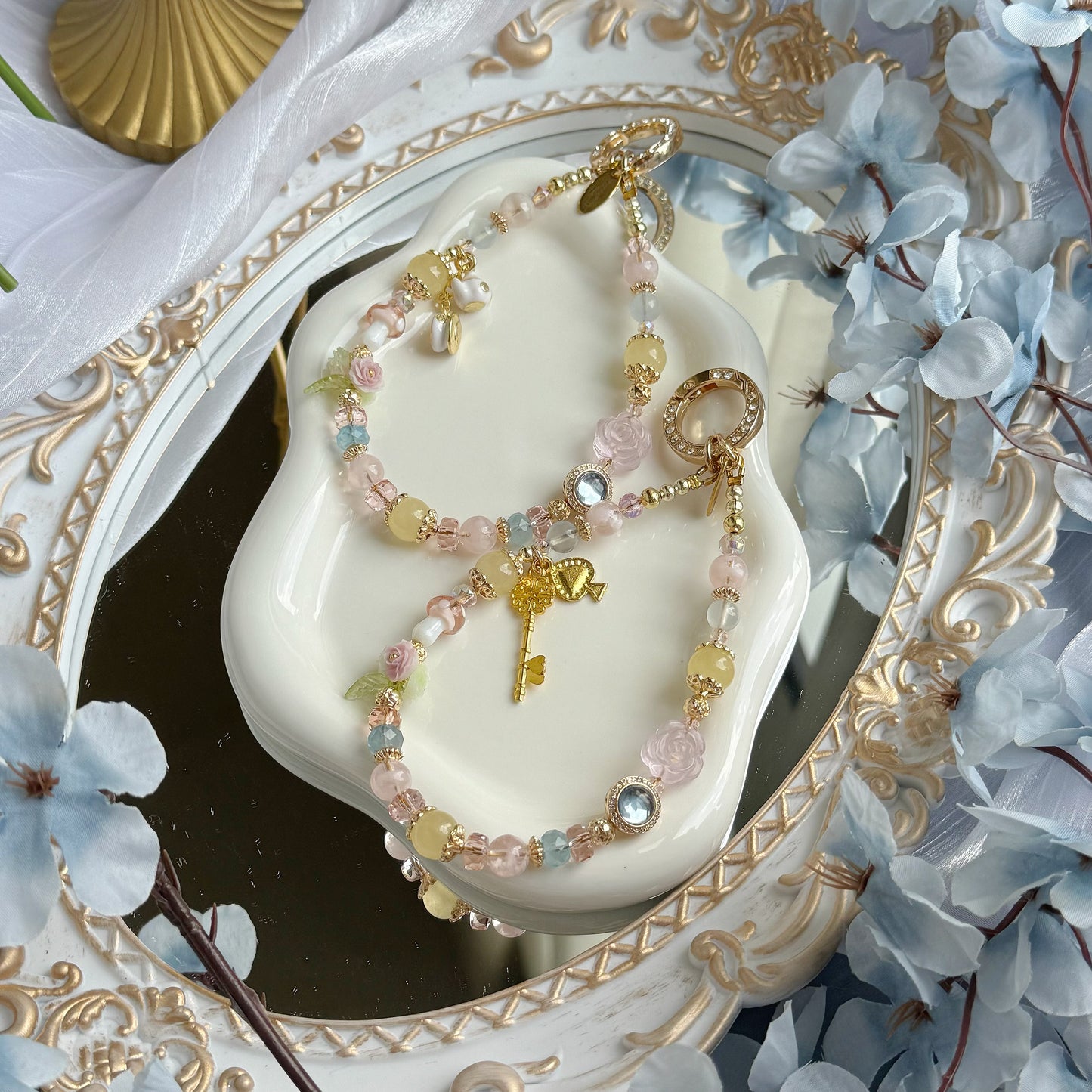 Alice's Tea Party in Clear Aquamarine, Pink Snow Phantom Quartz, Rose Quartz & Yellow Chalcedony