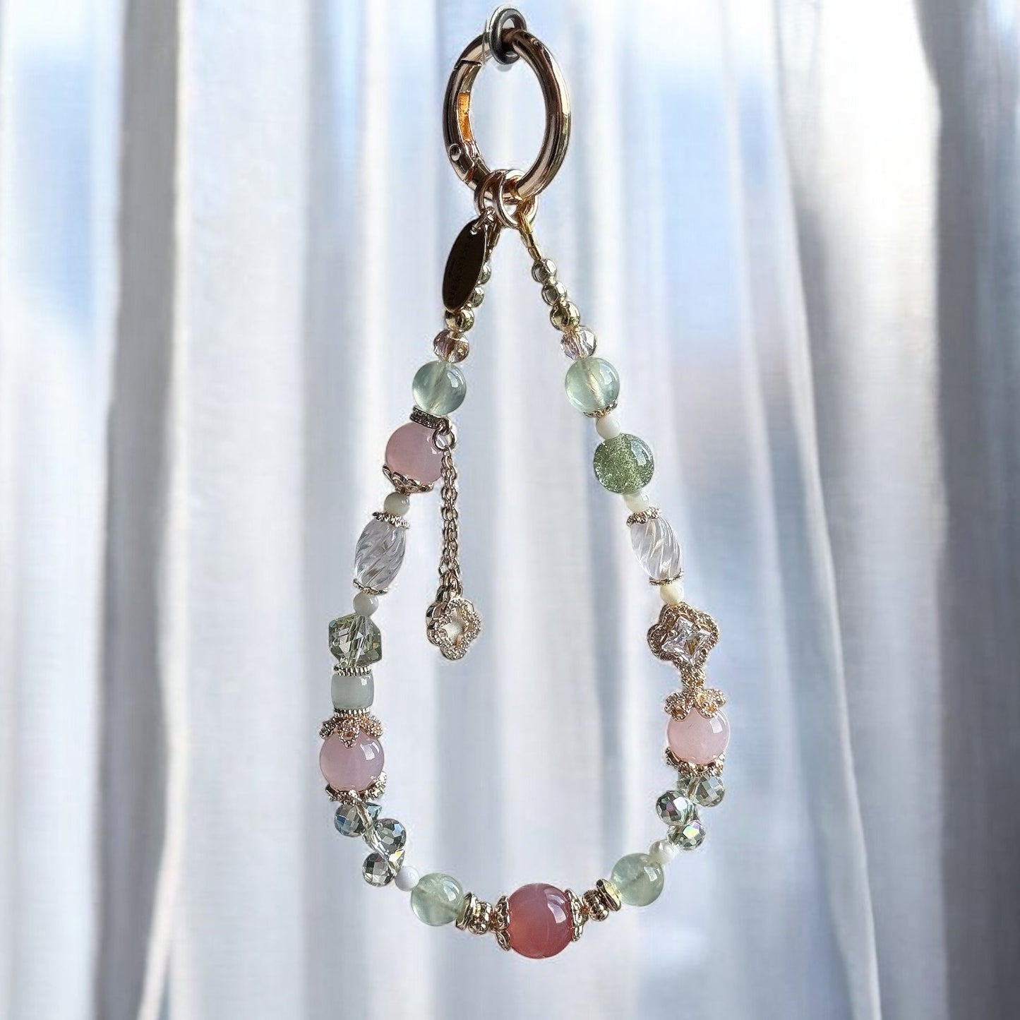 LIRAEL in Yan Yuan Agate, Rose Quartz, Prehnite, Green Aventurine, White Trochus