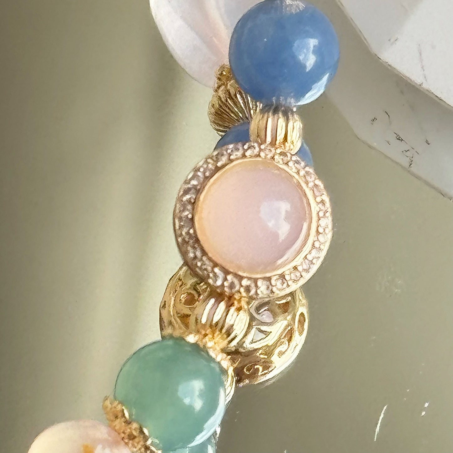 Elodie in Jelly Rose Quartz, Blue Aventurine, Blue-Green Aventurine & Flower Agate