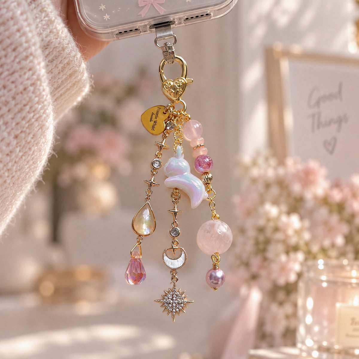 MOON MIFFY Dangle in Pink Snow Phantom Quartz & Rose Quartz