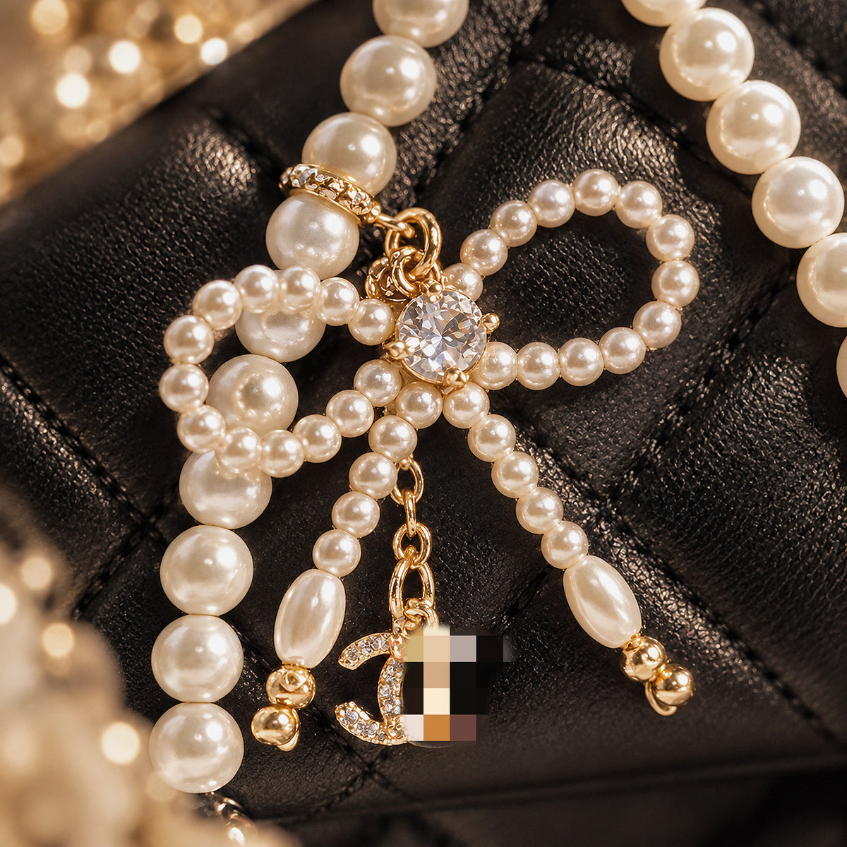 [Mini: 13cm] COCO Bow in Black Tourmaline & White Faux Pearls