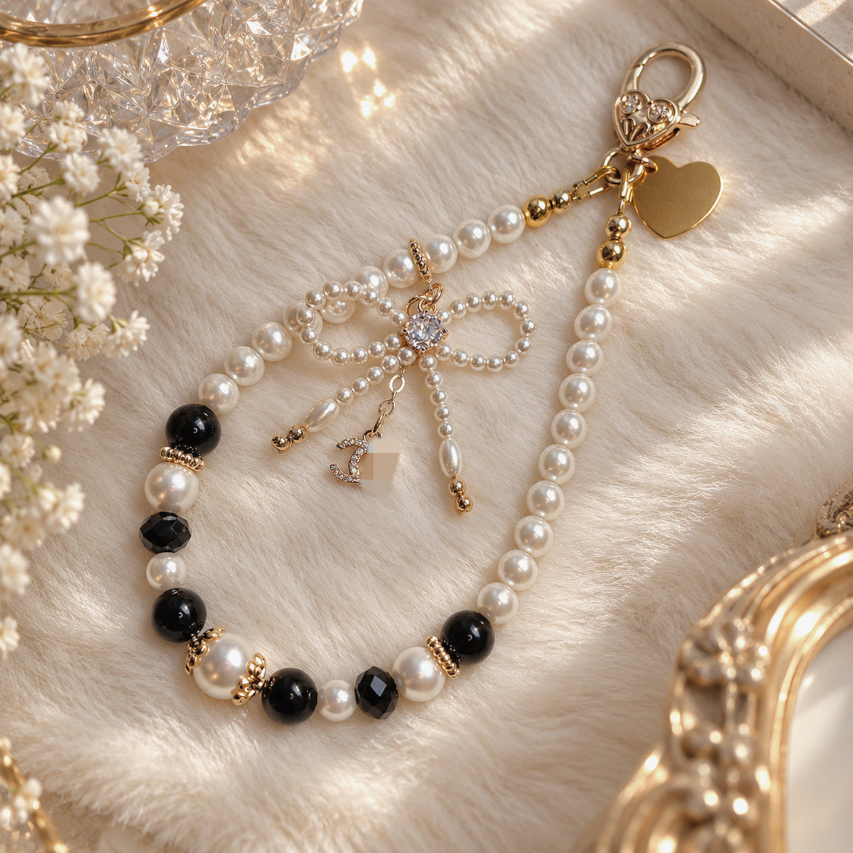 [Mini: 13cm] COCO Bow in Black Tourmaline & White Faux Pearls
