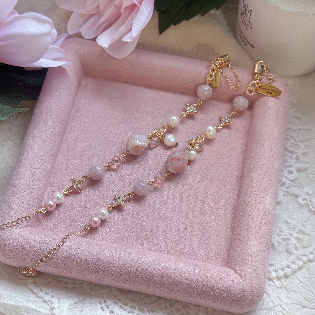 ROSIE Chain Bracelet in Flower Agate, Pink Lepidolite & Freshwater Pearl
