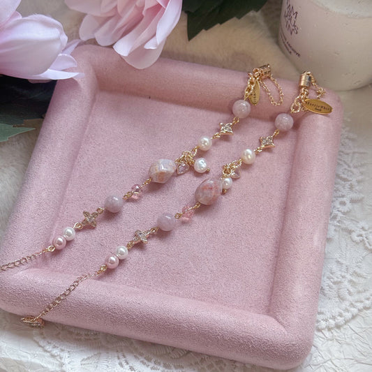 ROSIE Chain Bracelet in Flower Agate, Pink Lepidolite & Freshwater Pearl