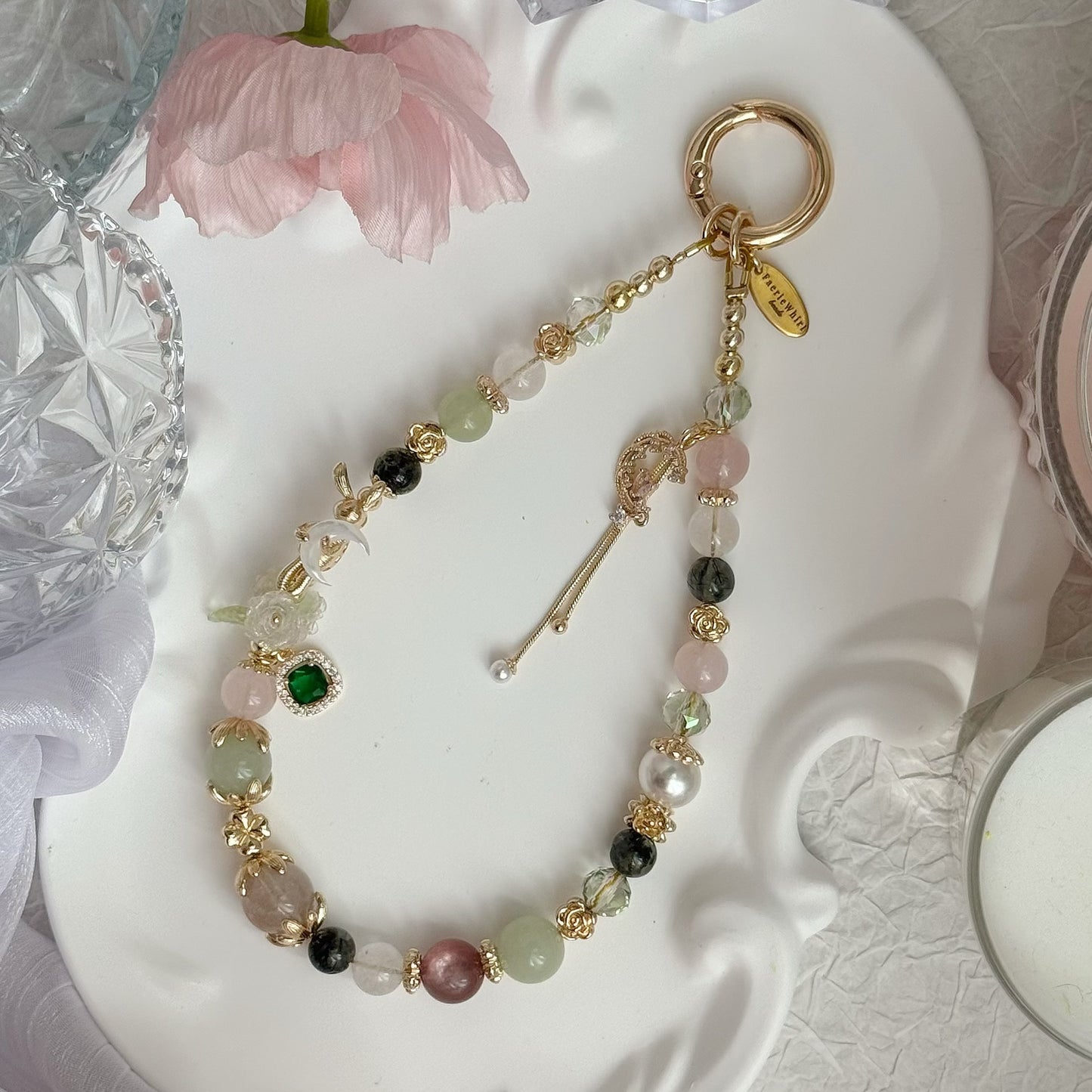 MoonBunny in White/Pink Rabbit Hair Rutile, Green Rutile, Green Chalcedony, Rose Quartz & Pink Lepidolite
