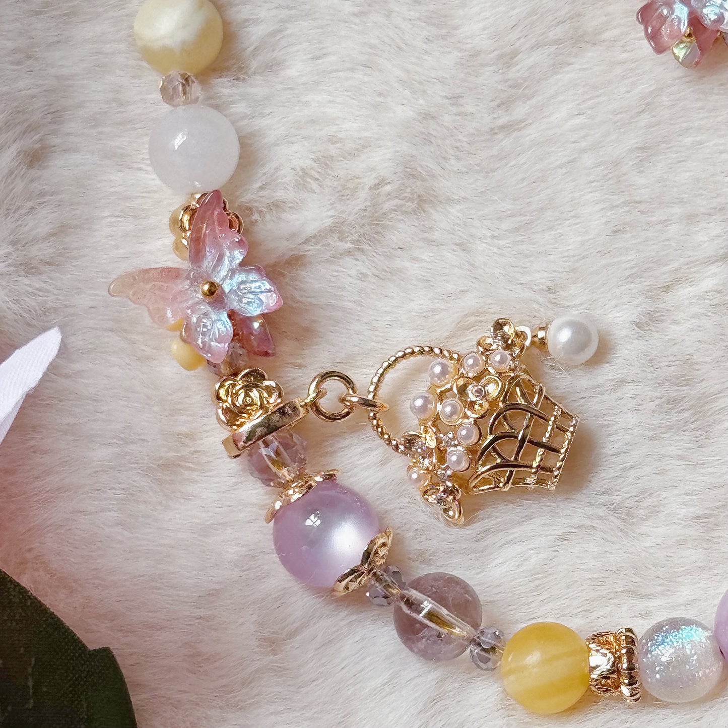 [Mini:13cm] FAERIE'S BASKET in Kunzite, Yellow Calcite, White Jade & Lavender Amethyst