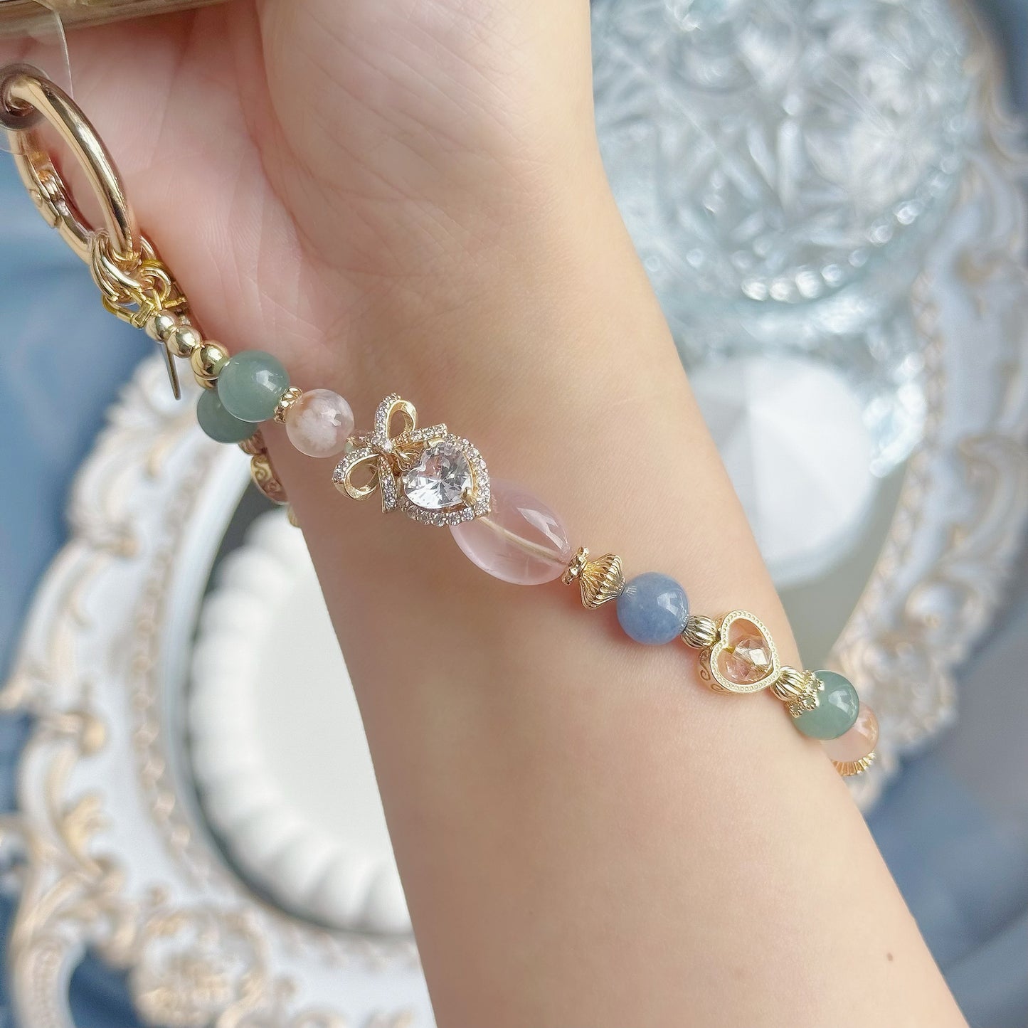 Elodie in Jelly Rose Quartz, Blue Aventurine, Blue-Green Aventurine & Flower Agate