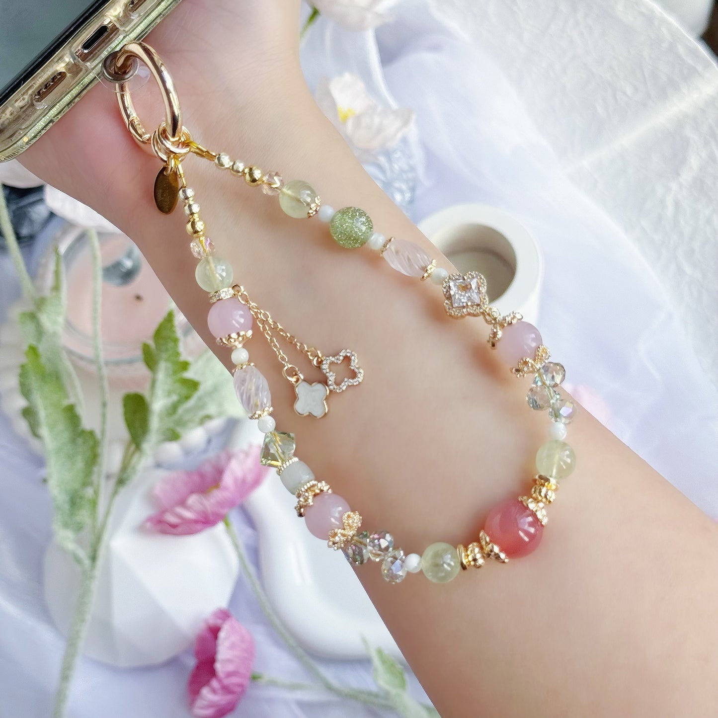 LIRAEL in Yan Yuan Agate, Rose Quartz, Prehnite, Green Aventurine, White Trochus