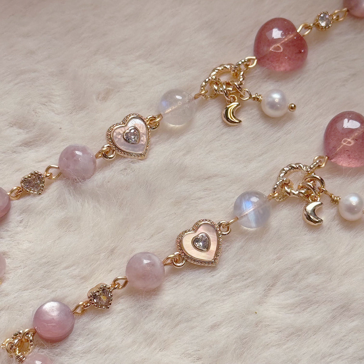 [WS: 13-18cm] HEART CUPID in Moonstone, Strawberry Quartz, Pink Lepidolite, White Snow Phantom, Freshwater Pearl & Rose Quartz