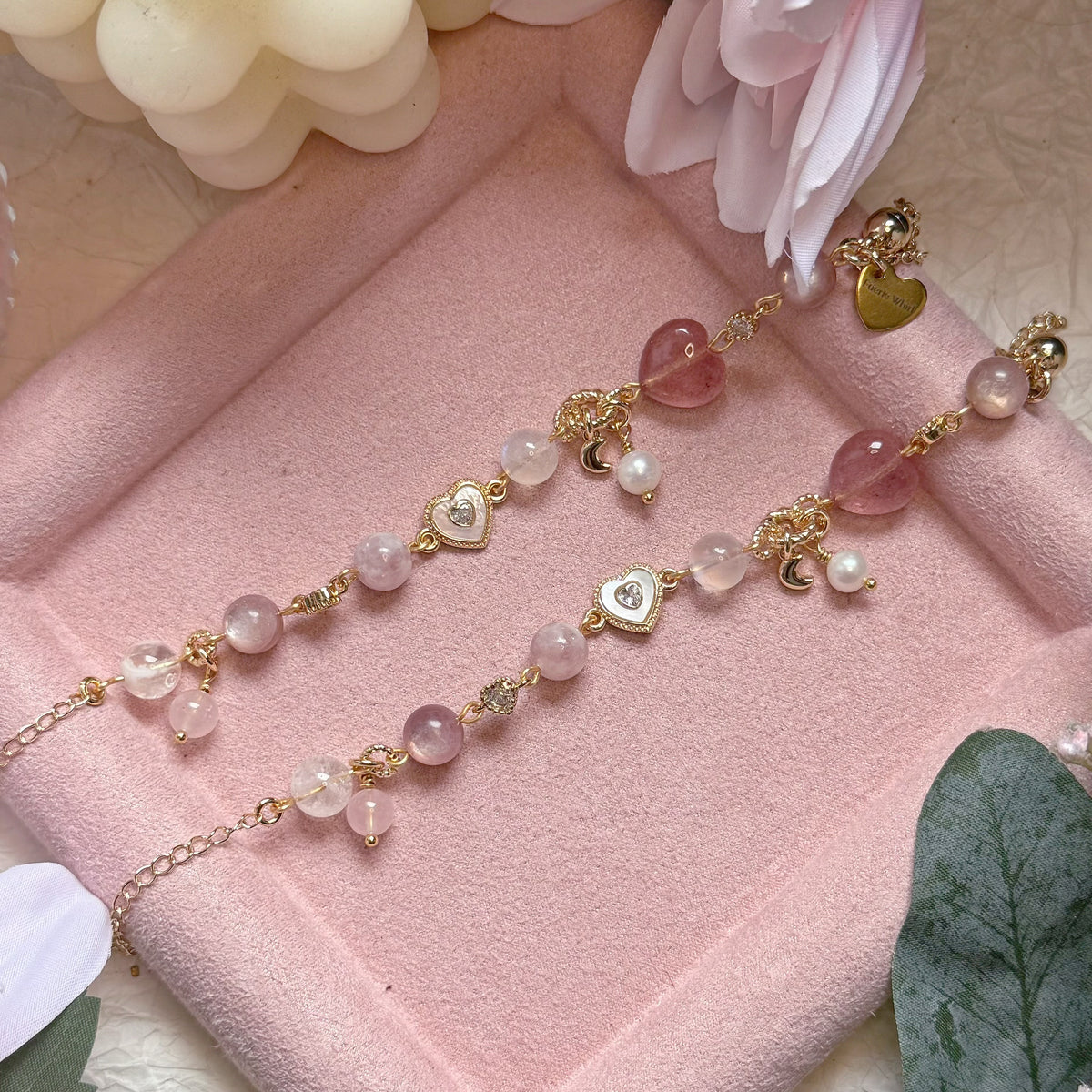 [WS: 13-18cm] HEART CUPID in Moonstone, Strawberry Quartz, Pink Lepidolite, White Snow Phantom, Freshwater Pearl & Rose Quartz