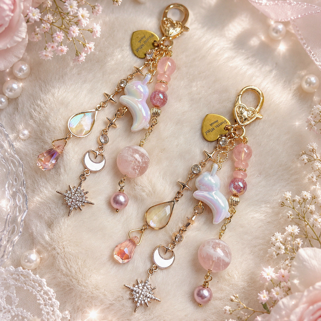 MOON MIFFY Dangle in Pink Snow Phantom Quartz & Rose Quartz