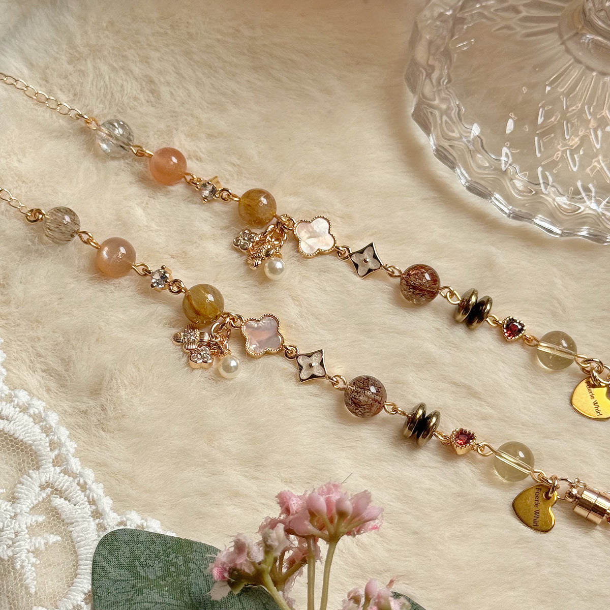 [WS: 13.5-18cm] CLOVERWISH in Black-Gold Super Seven, Golden Rutile Quartz, Brazil Citrine, Sunstone & Pyrite