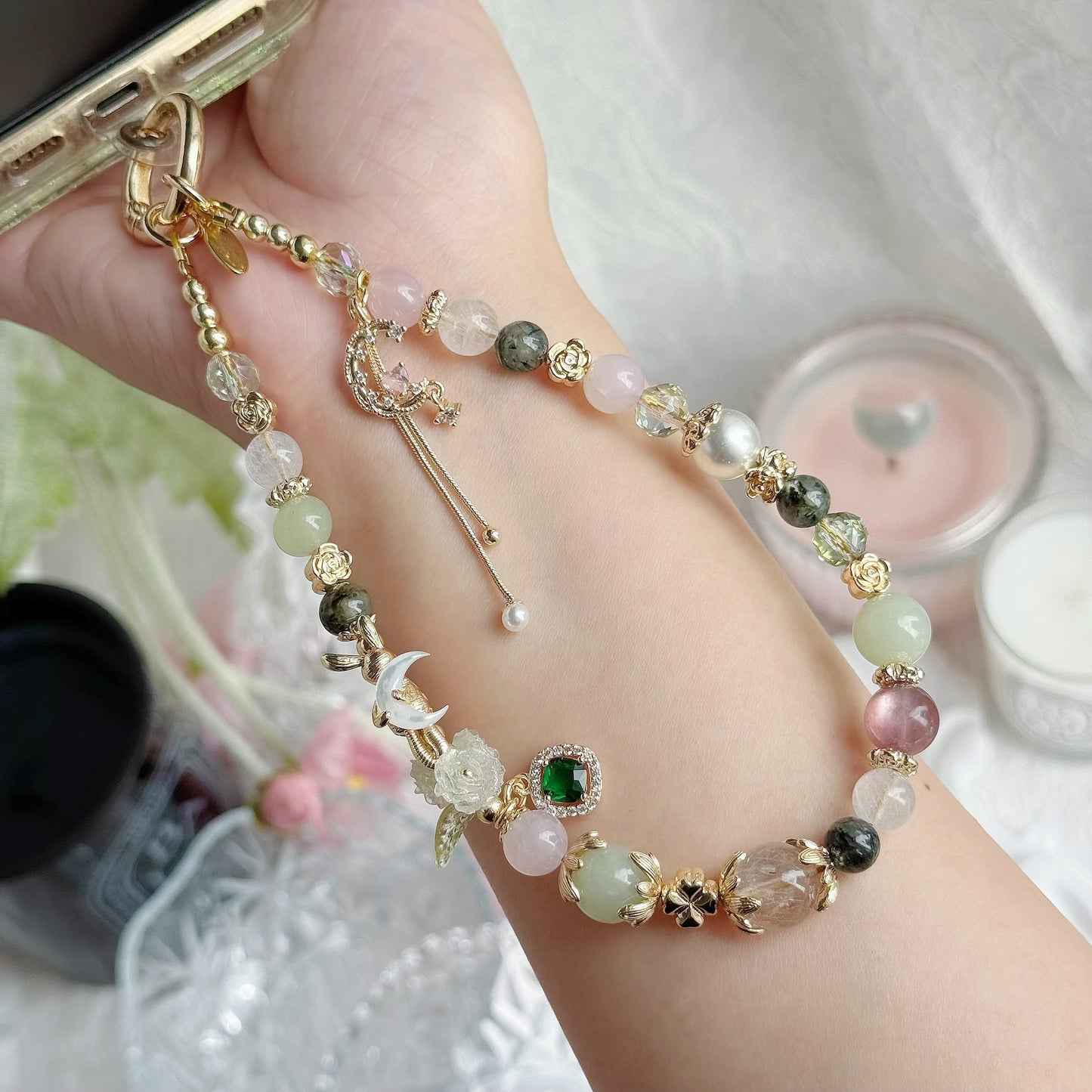 MoonBunny in White/Pink Rabbit Hair Rutile, Green Rutile, Green Chalcedony, Rose Quartz & Pink Lepidolite