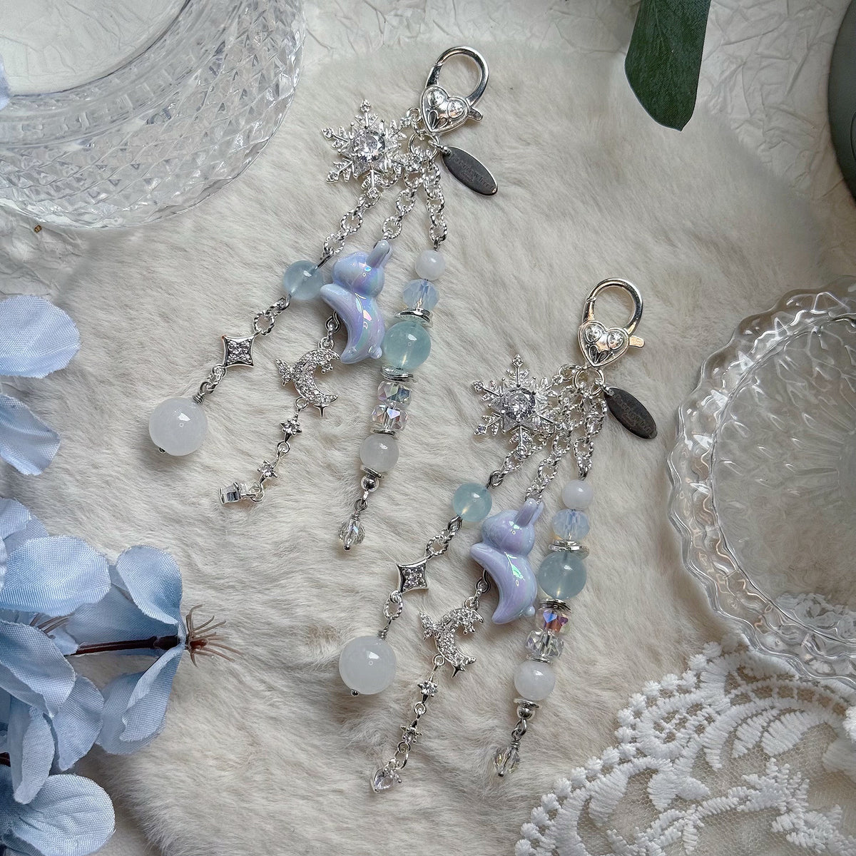 WINTER RABBIT Dangle in Aquamarine & White Jade