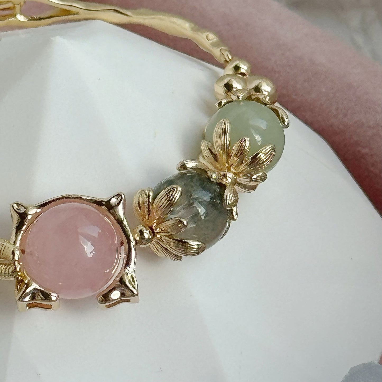 Bunny Eclipse in Rose Quartz, Green Phantom Quartz, Green Chalcedony, Freshwater Pearl, Mother of Pearl [WS: 14cm or 15cm]