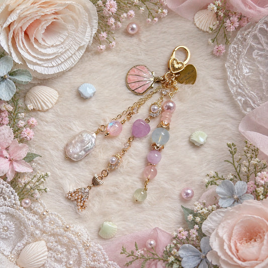 MERMIELLE Dangle in Aquamarine, Rose Quartz, Yan Yuan Agate, Kunzite, Prehnite & Freshwater Baroque Pearl