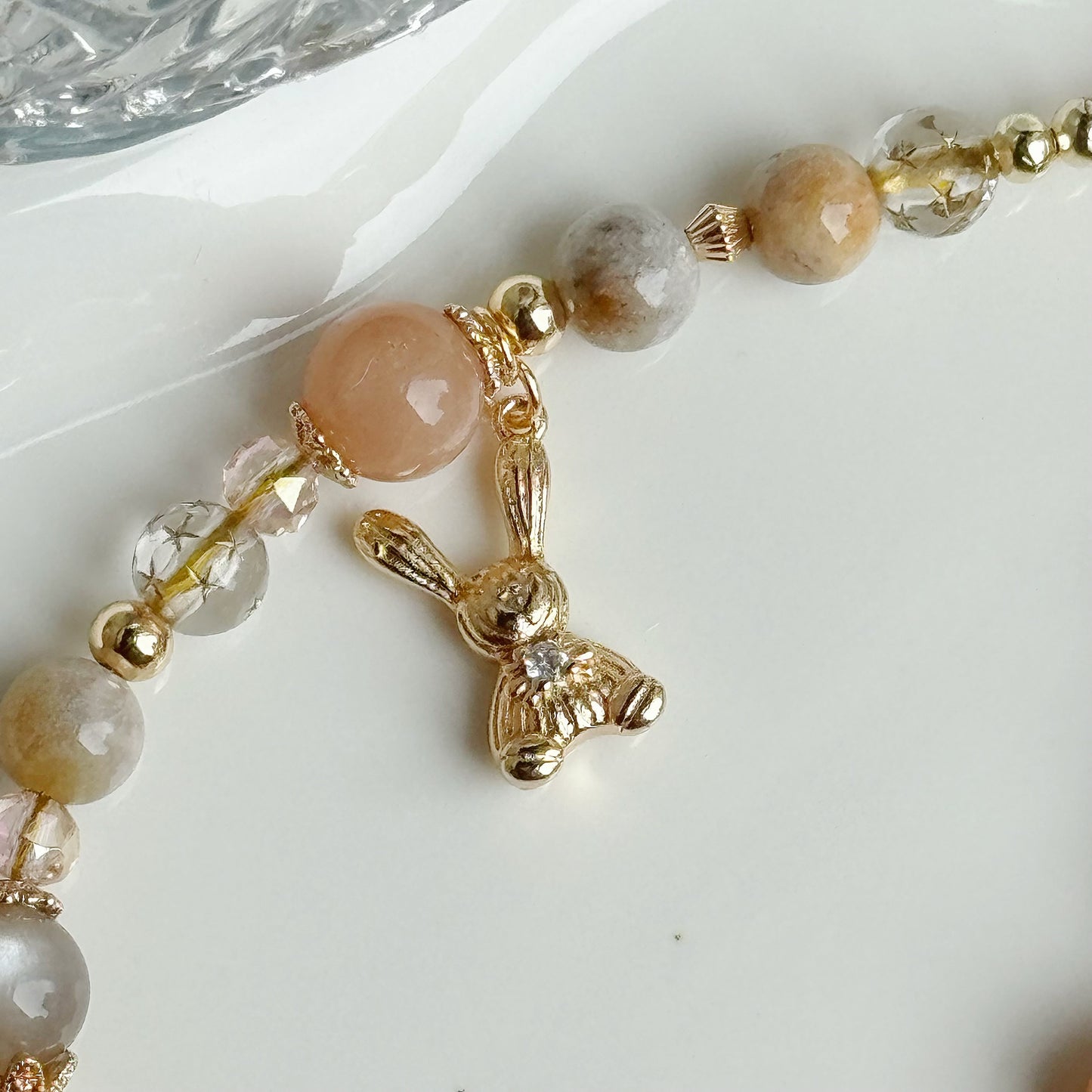 [Mini: 13cm] Peachlight Bunny in Peach Moonstone, Milk Tea Moonstone & Coral Jade