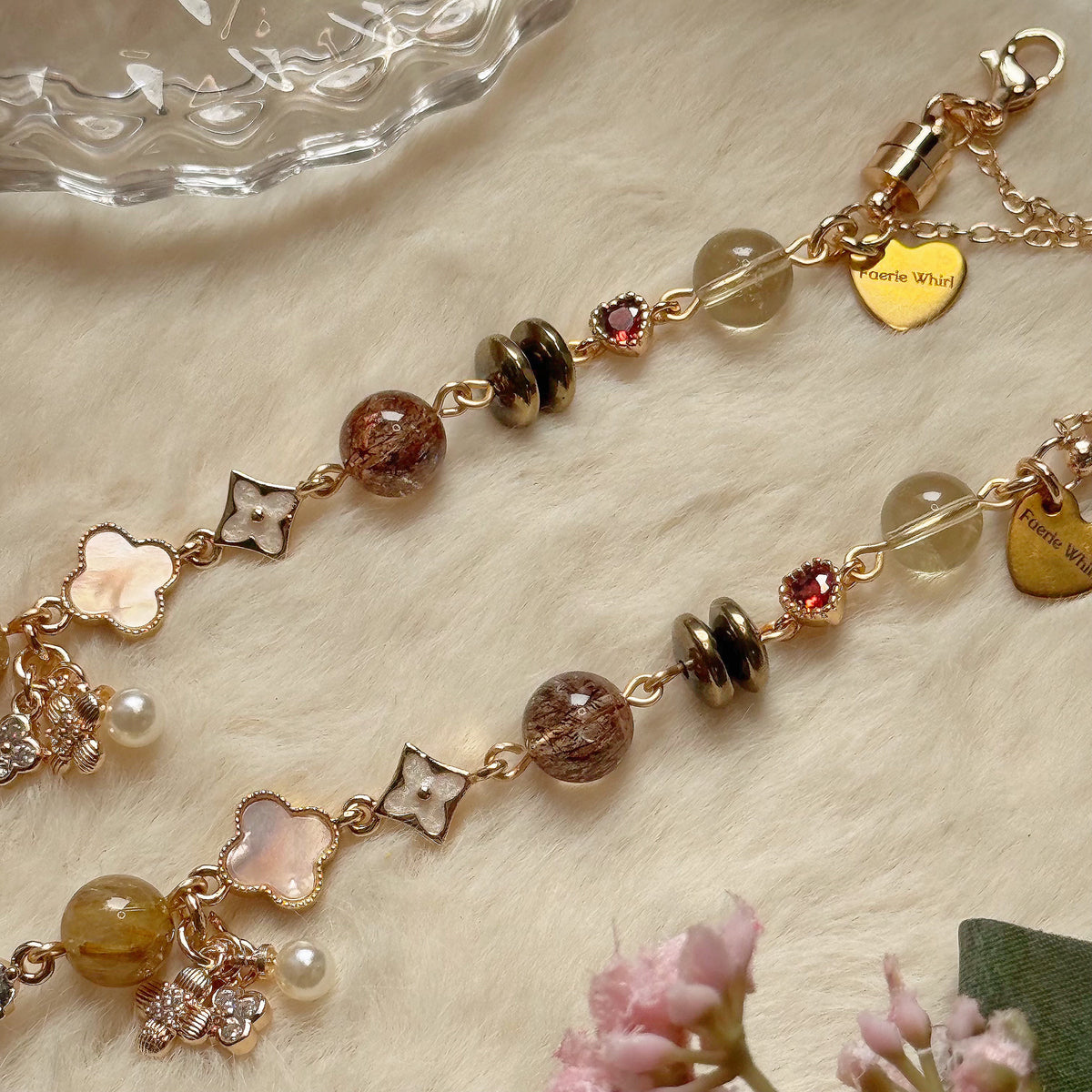 [WS: 13.5-18cm] CLOVERWISH in Black-Gold Super Seven, Golden Rutile Quartz, Brazil Citrine, Sunstone & Pyrite