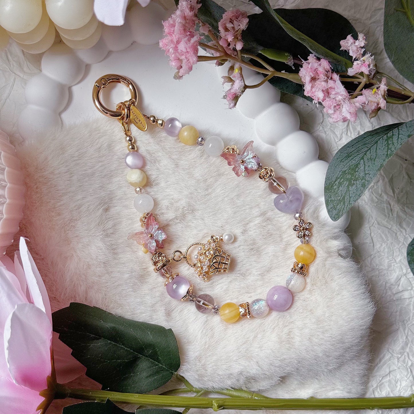 [Mini:13cm] FAERIE'S BASKET in Kunzite, Yellow Calcite, White Jade & Lavender Amethyst