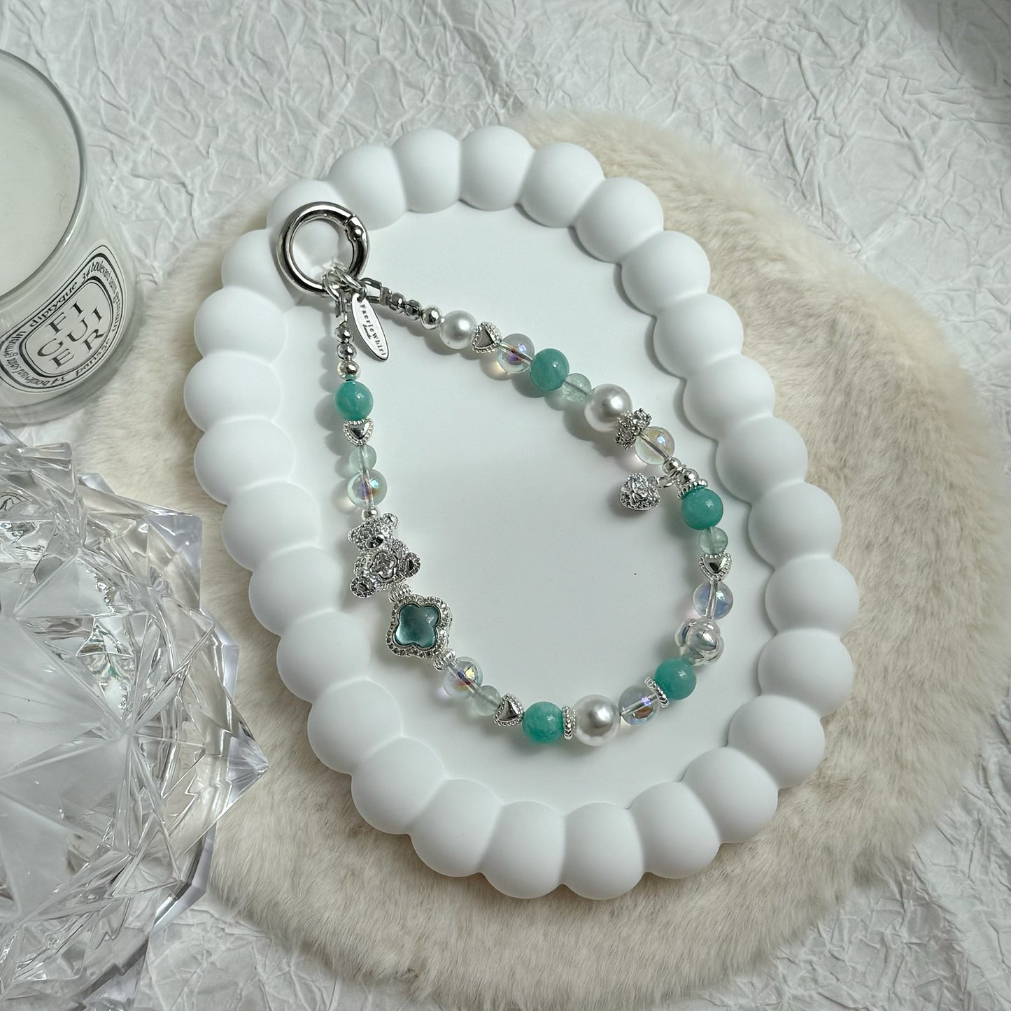 [Mini:13cm] Merry Bear in Amazonite, Green Fluorite & White Faux Pearl
