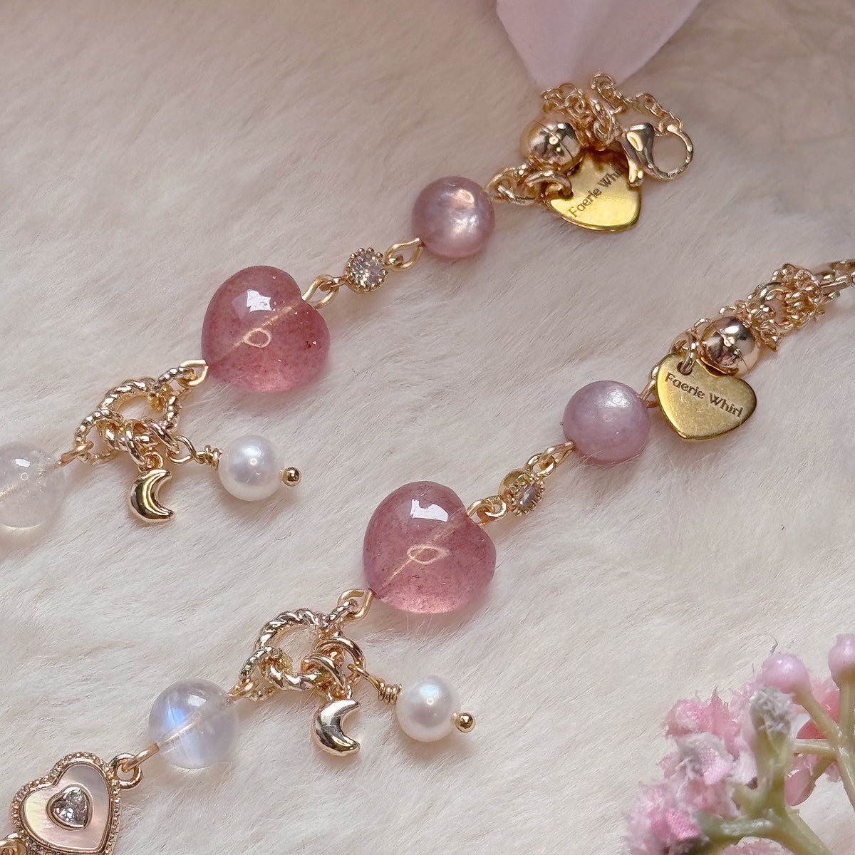 [WS: 13-18cm] HEART CUPID in Moonstone, Strawberry Quartz, Pink Lepidolite, White Snow Phantom, Freshwater Pearl & Rose Quartz