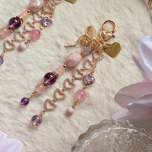 GIRLY HEART Dangle in Amethyst, Flower Agate, Sakura Rhodonite & Rose Quartz