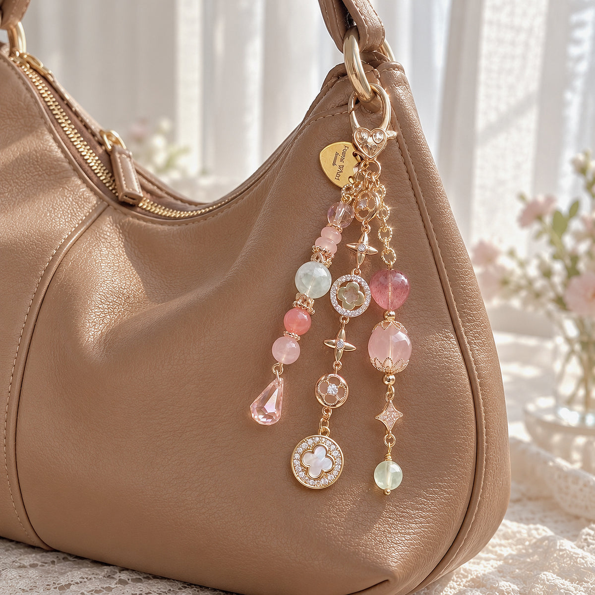 CLOVER BLOSSOM Dangle in Rose Quartz, Strawberry Quartz, Green Feather Fluorite, Prehnite & Yan Yuan Agate
