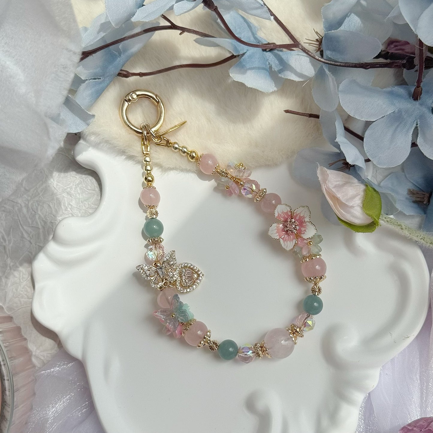 [Mini:13cm] Dahlia Floral in Rose Quartz & Blue-Green Chalcedony