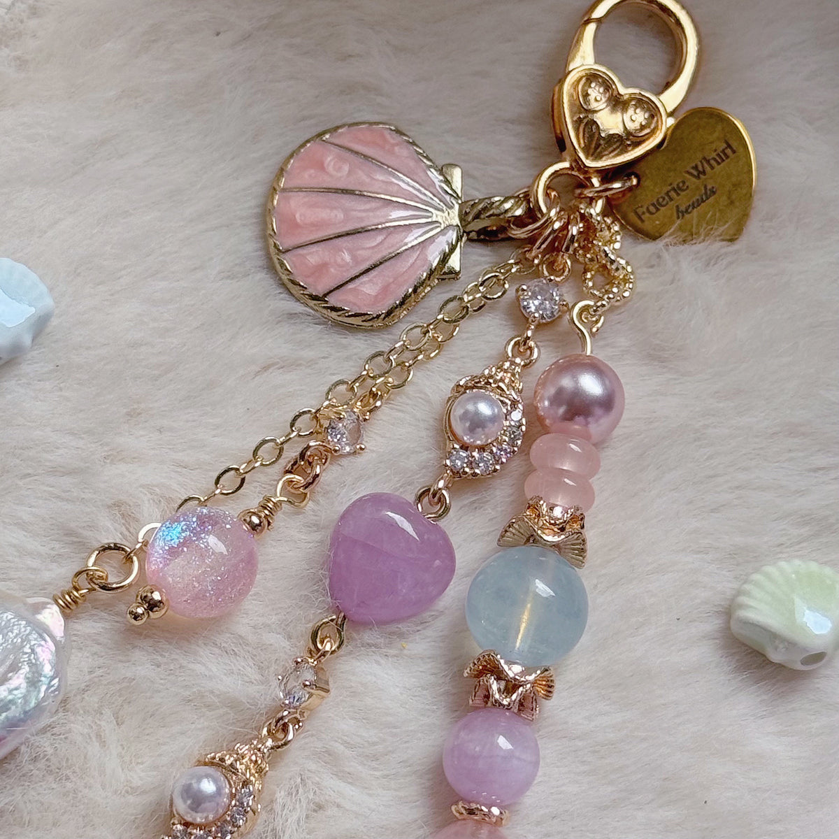 MERMIELLE Dangle in Aquamarine, Rose Quartz, Yan Yuan Agate, Kunzite, Prehnite & Freshwater Baroque Pearl