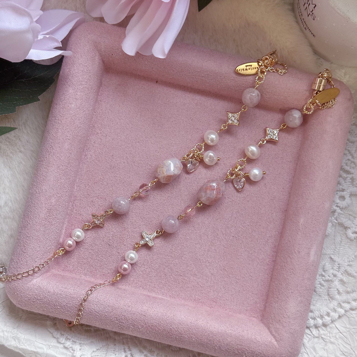 ROSIE Chain Bracelet in Flower Agate, Pink Lepidolite & Freshwater Pearl