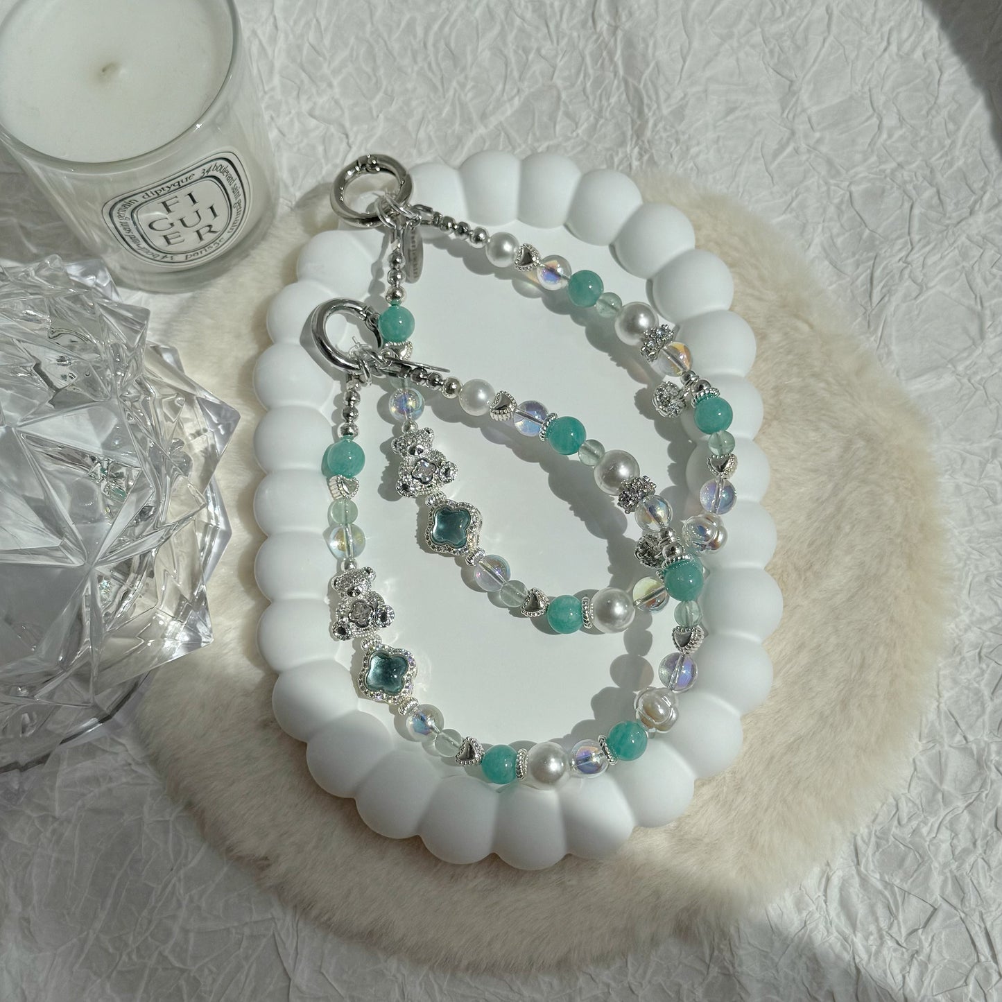 [Mini:13cm] Merry Bear in Amazonite, Green Fluorite & White Faux Pearl