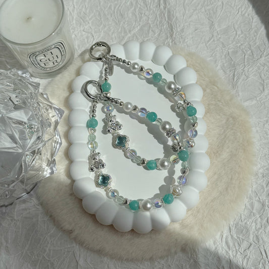 [Mini:13cm] Merry Bear in Amazonite, Green Fluorite & White Faux Pearl
