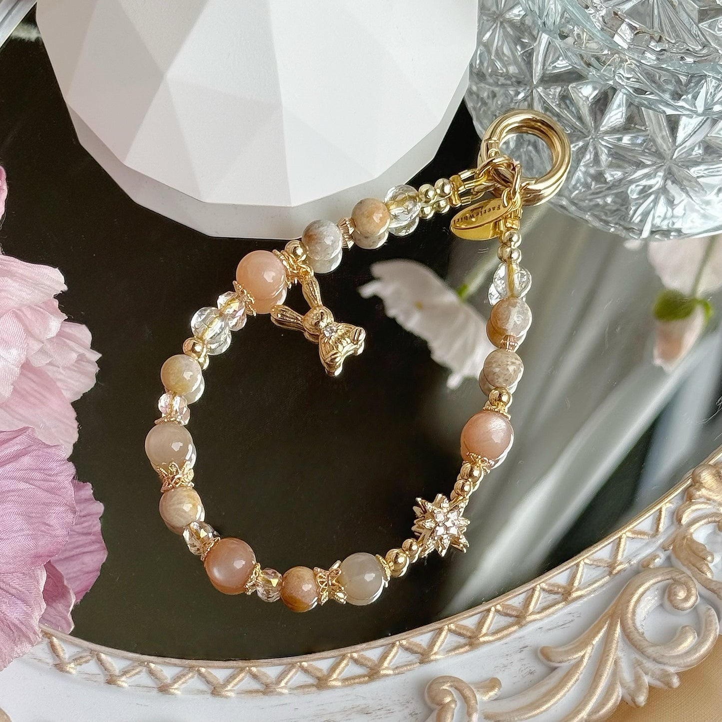 [Mini: 13cm] Peachlight Bunny in Peach Moonstone, Milk Tea Moonstone & Coral Jade