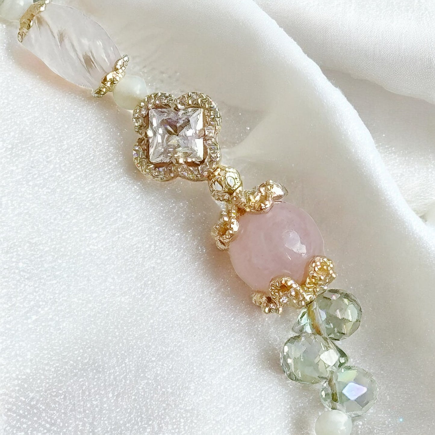 LIRAEL in Yan Yuan Agate, Rose Quartz, Prehnite, Green Aventurine, White Trochus