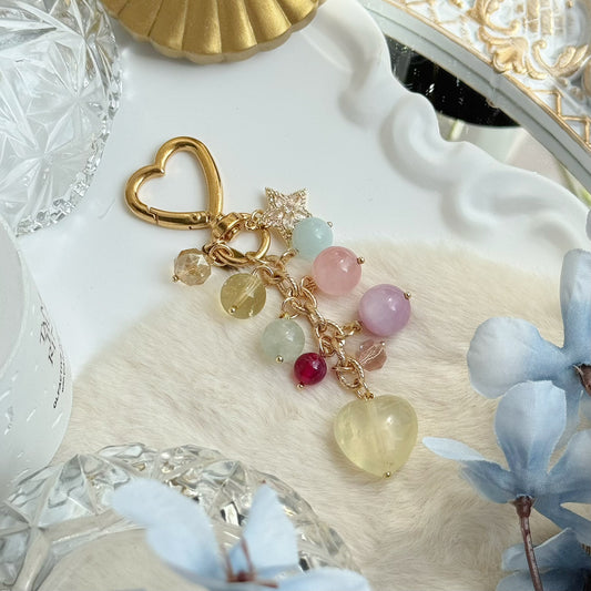 Pastel Heartfall Dangles in Lemon Citrine, Aquamarine, Brazil Citrine, Rose Quartz, Kunzite, Prehnite & Star Ruby