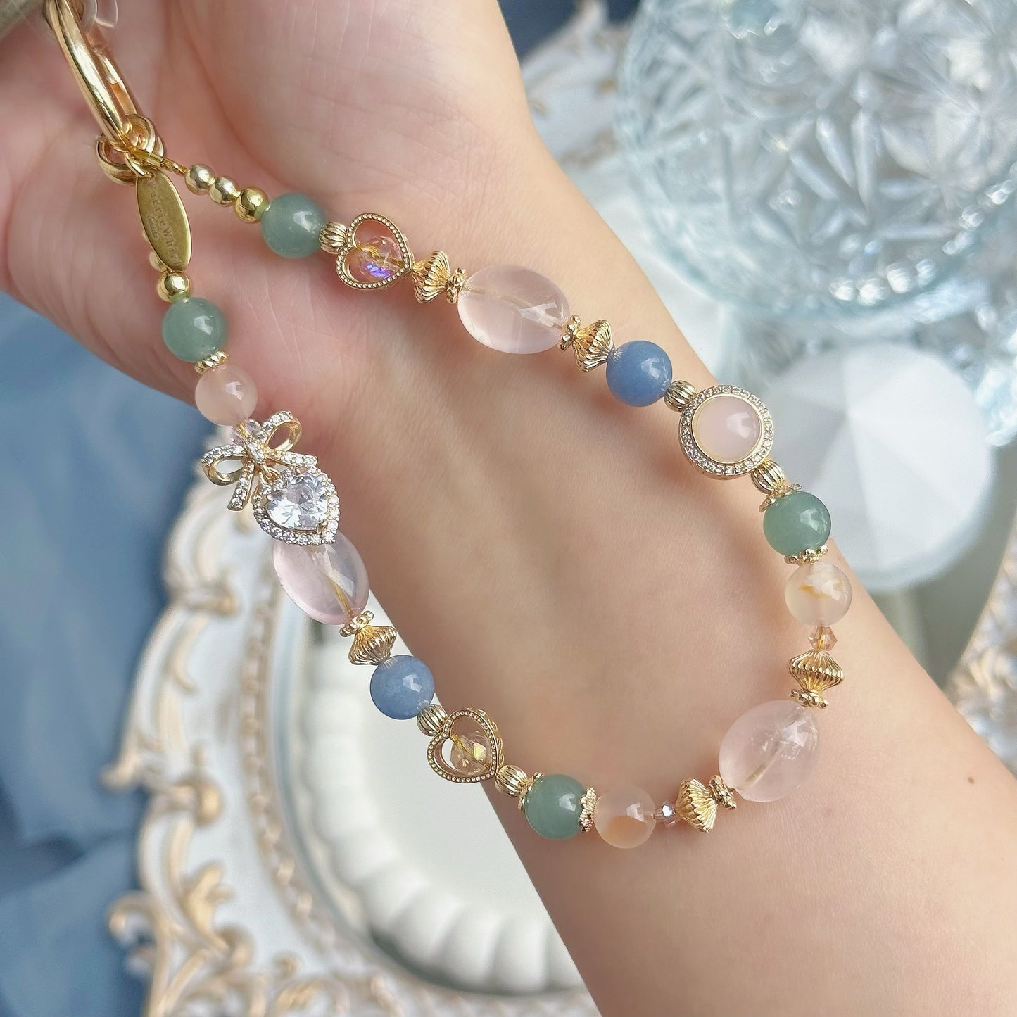 Elodie in Jelly Rose Quartz, Blue Aventurine, Blue-Green Aventurine & Flower Agate