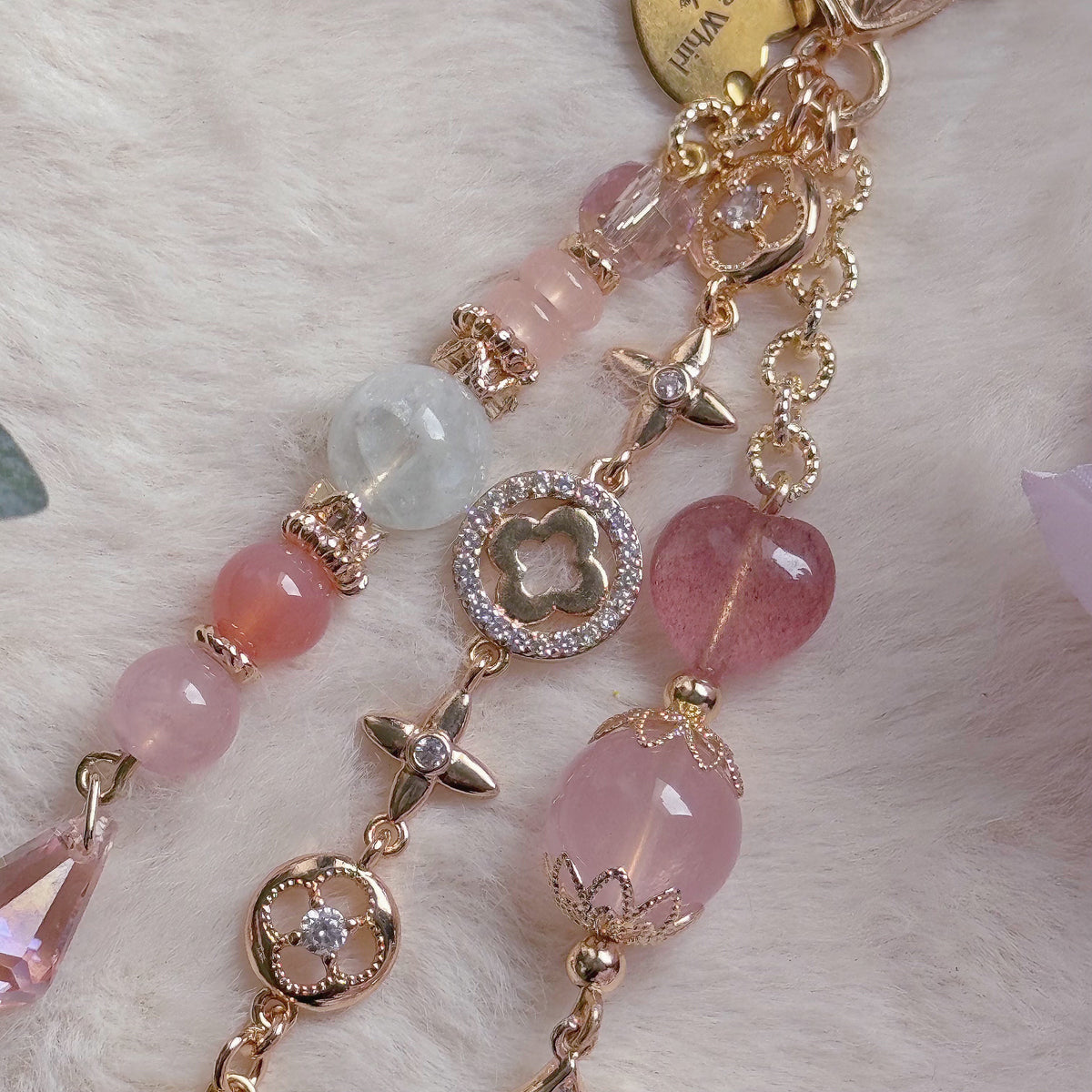 CLOVER BLOSSOM Dangle in Rose Quartz, Strawberry Quartz, Green Feather Fluorite, Prehnite & Yan Yuan Agate