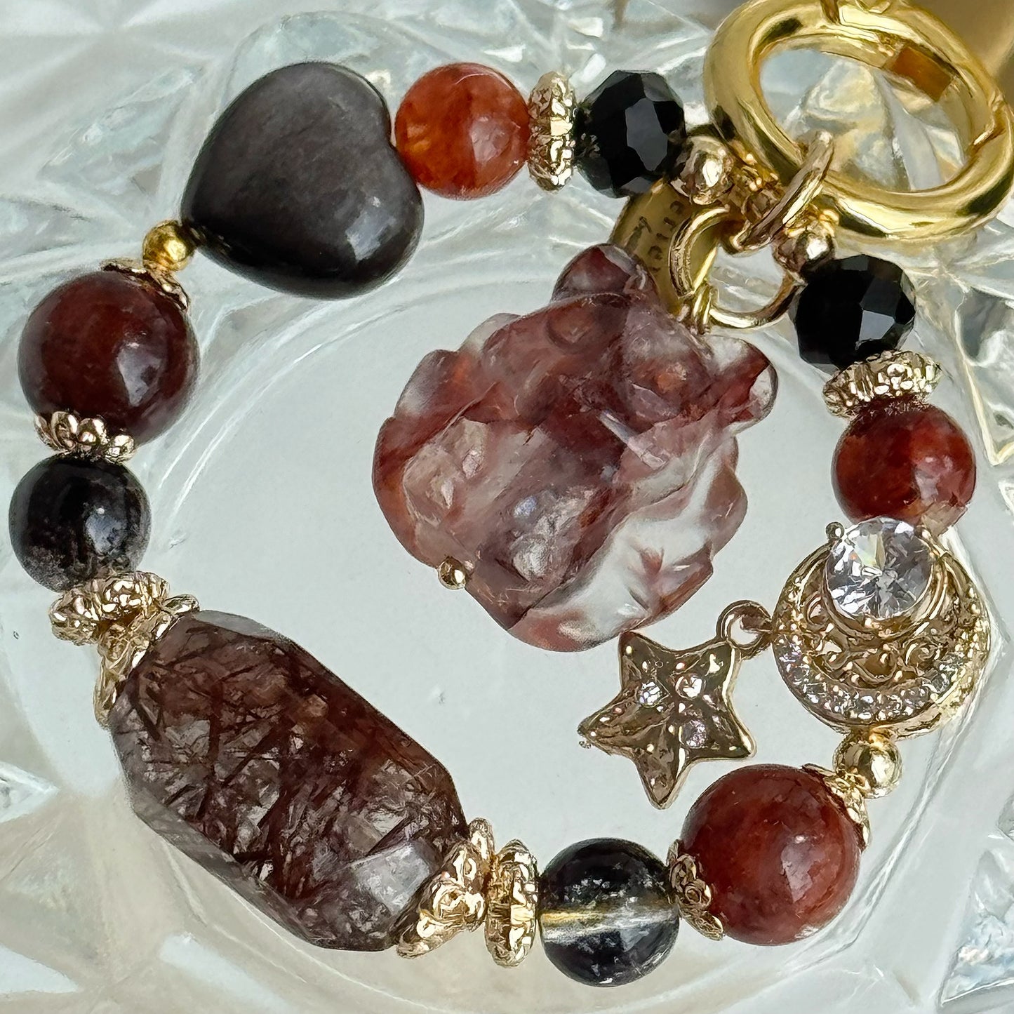 Amber Fire Nine-Tail in Red Rutile Quartz, Hematoid Quartz & Sliver Obsidian